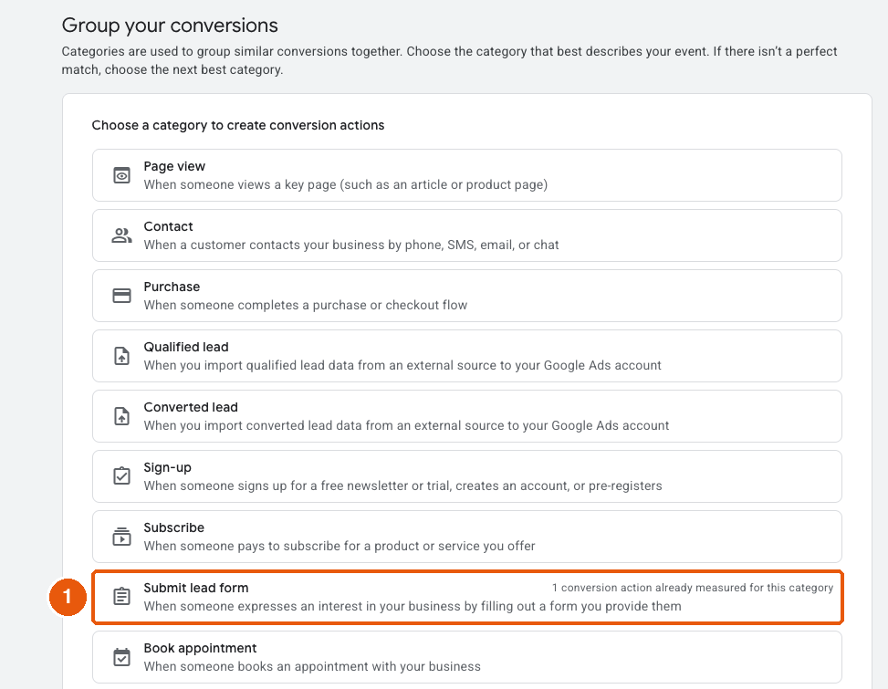 Category list with Submit lead form highlighted