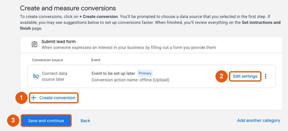New conversion row with Create conversion, Edit settings, and Save and continue highlighted